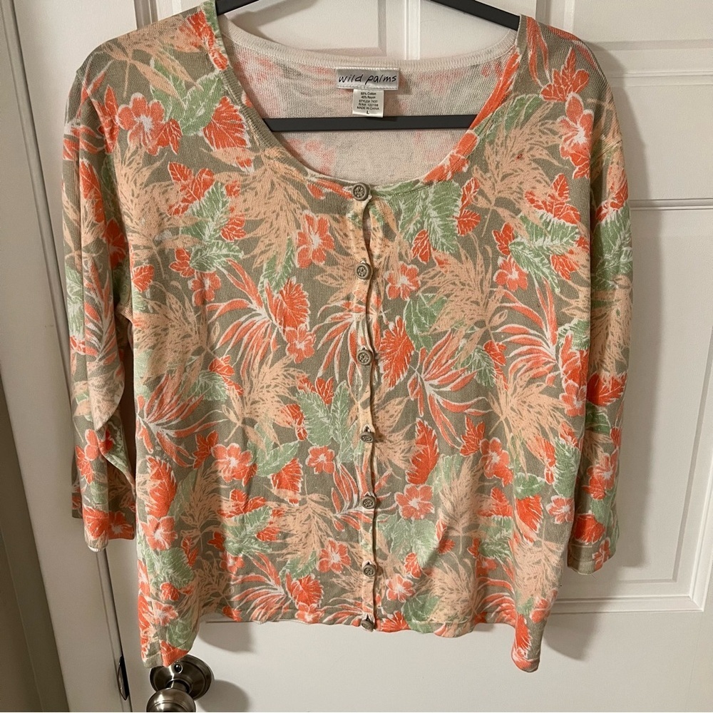 Wild Palms Tropical Floral Lightweight 3/4 sleeve cardigan Large
